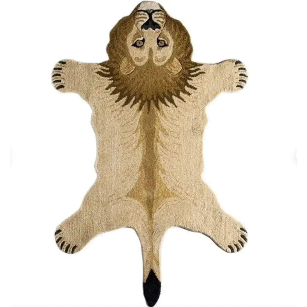 Lion-shaped hand tufted wool area rug, perfect for adding a unique touch to your dining room or living room decor. This playful and artistic rug features detailed lion motifs, making it an eye-catching piece among rugs for living rooms.