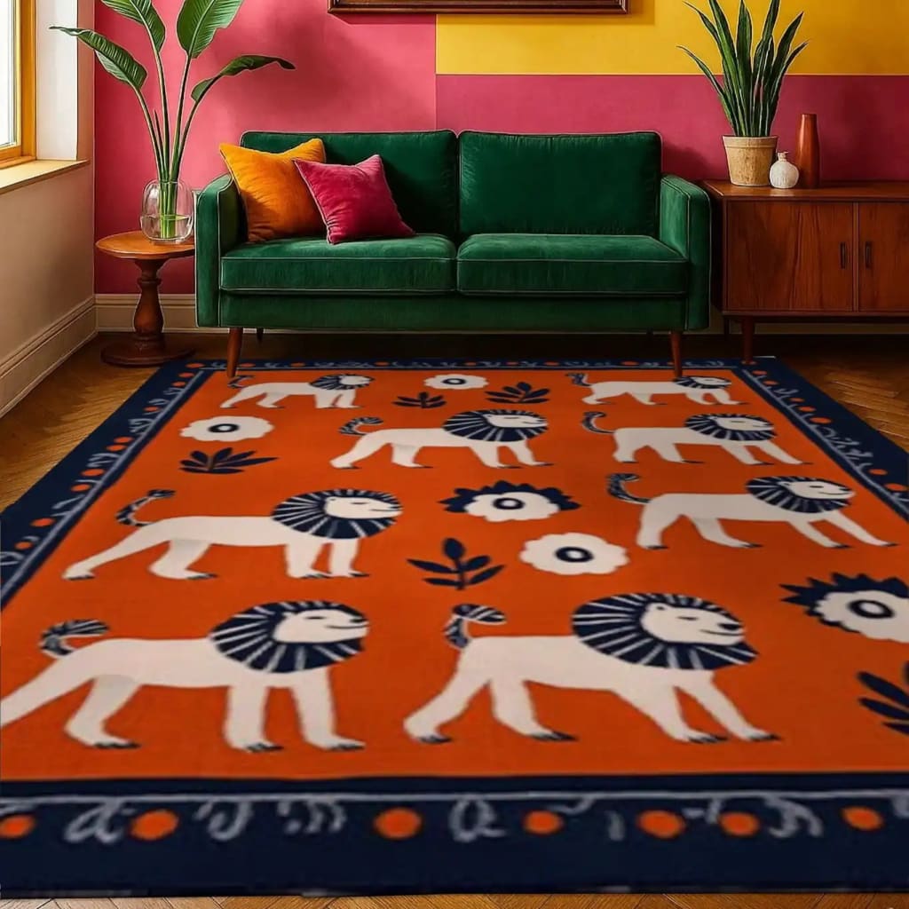 A vibrant hand-tufted area rug featuring playful lion motifs on a rich orange background, perfect for adding charm to a dining room. This wool rug complements modern decor with its bold design, ideal as a dining table rug or dining room carpet.