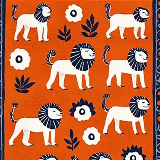 Vibrant area rug featuring a playful lion pattern on an orange background, ideal for adding a touch of whimsy to dining rooms. This wool rug showcases a unique design with white lions and floral motifs, perfect as a dining table rug or dining room carpet.