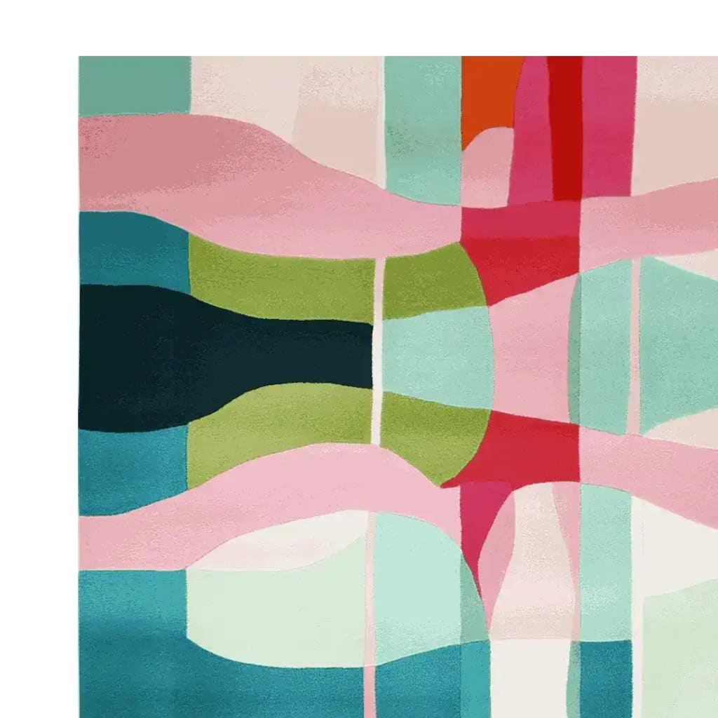 Vibrant and contemporary wool area rug, perfect for large living room spaces. The Liquid Geometry Waltz Hand Tufted Rug features an abstract design with a blend of pink, green, blue, and red hues, adding a modern touch to any home decor.