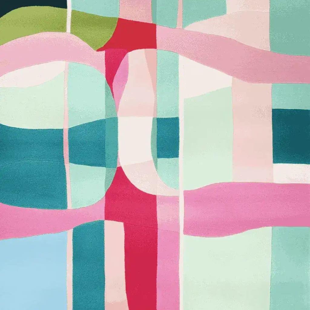 This vibrant area rug features an abstract design with a harmonious blend of pink, green, blue, and red hues, perfect for adding a contemporary touch to living room area rugs. The wool rug's intricate pattern and large size make it an ideal centerpiece for modern decor.