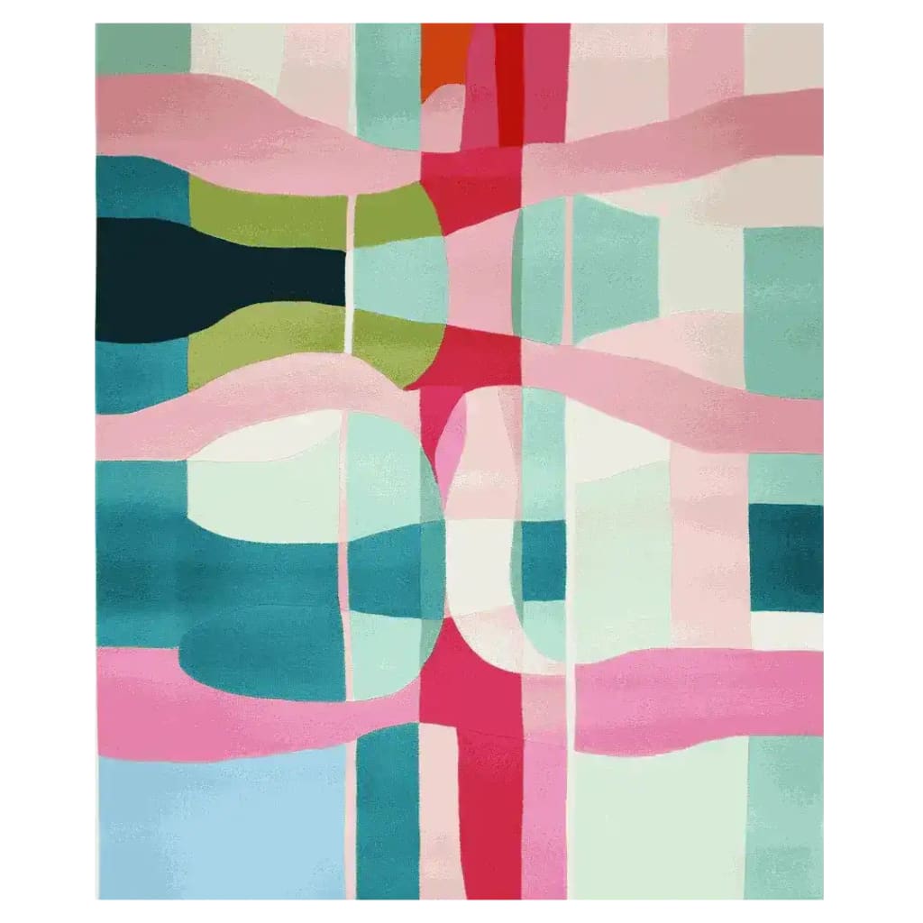 This vibrant area rug, titled 'Liquid Geometry Waltz Hand Tufted Rug,' features an abstract design with bold colors including pink, blue, green, and red. Ideal for contemporary living rooms, this large wool rug adds a touch of modern elegance, making it a perfect choice for those seeking stylish living room area rugs.