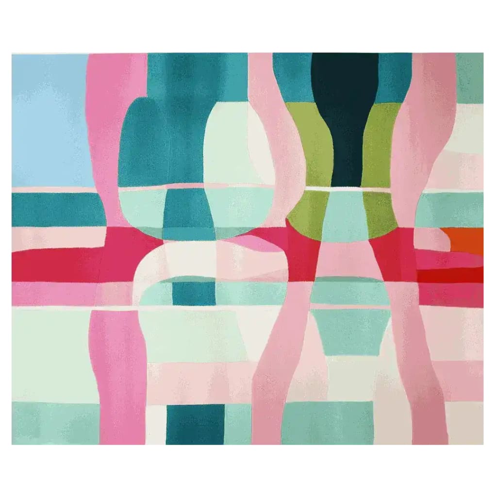 Vibrant and stylish area rug featuring an abstract design with bold colors including pink, green, and blue, perfect for contemporary living room spaces. This wool rug adds a modern touch to large living room areas.