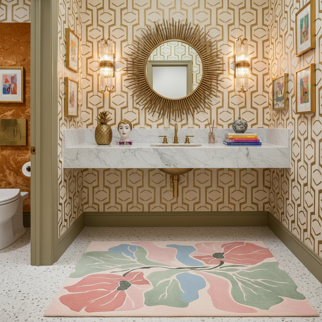 Bathroom with decorative wallpaper, round mirror, and floral rug.