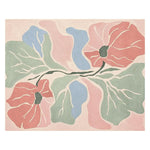 This image showcases a vibrant area rug with an abstract floral design, perfect for adding a touch of contemporary style to your living room. The hand-tufted wool rug features bold red flowers with green leaves against a pastel backdrop, combining artistry and comfort.