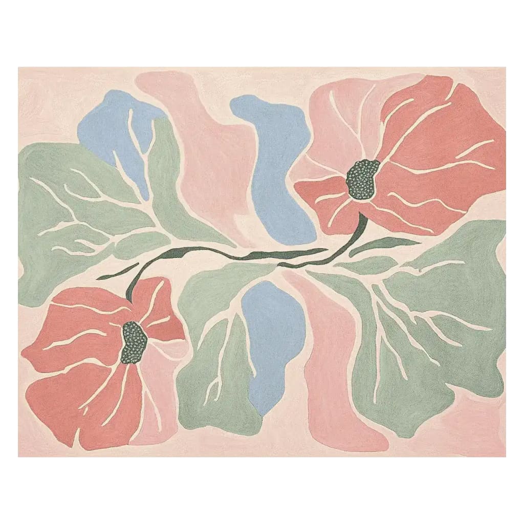 This image showcases a vibrant area rug with an abstract floral design, perfect for adding a touch of contemporary style to your living room. The hand-tufted wool rug features bold red flowers with green leaves against a pastel backdrop, combining artistry and comfort.