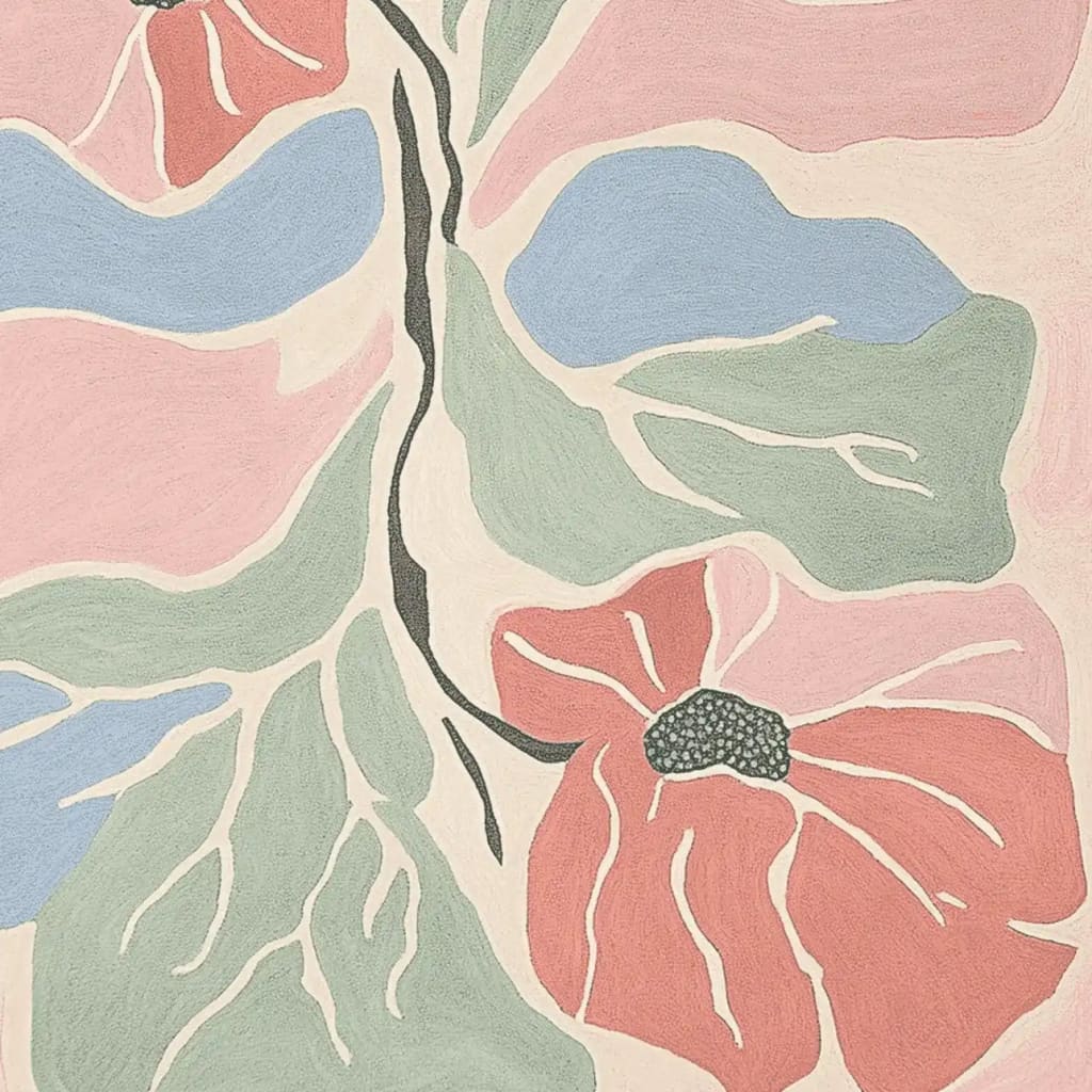 A vibrant area rug featuring an abstract floral design with bold pink, blue, and green petals. This contemporary wool rug is perfect for adding a touch of elegance to your living room decor.