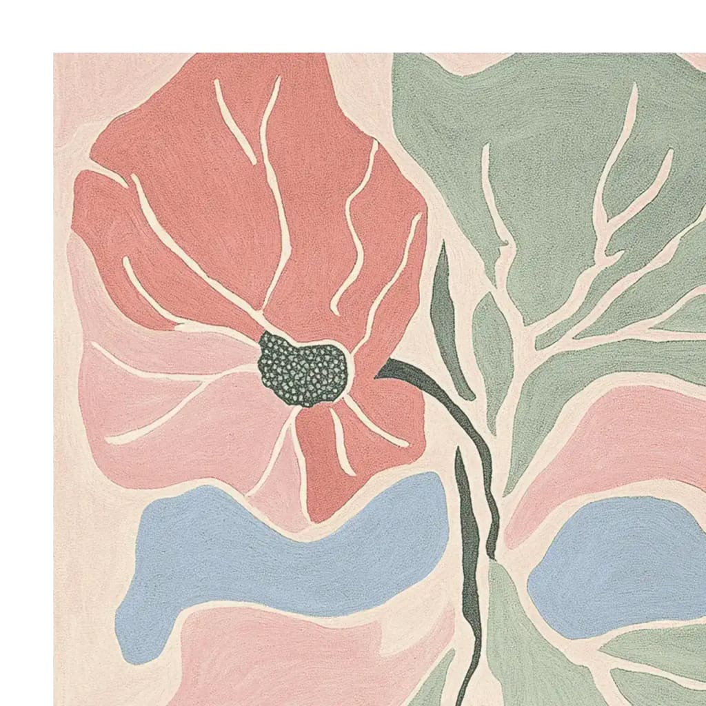This vibrant area rug showcases a contemporary design featuring abstract floral patterns in soft pinks, blues, and greens. Crafted from high-quality wool, this hand-tufted rug adds a modern touch to any living room space.