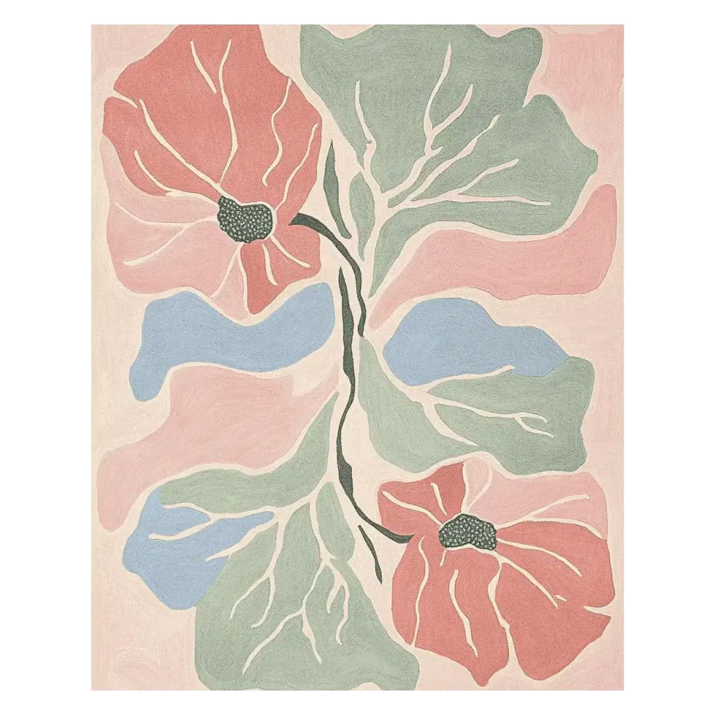 A vibrant area rug showcasing a contemporary abstract floral design in shades of pink, green, and blue. This hand-tufted wool rug is perfect for adding a touch of elegance to your living room decor.