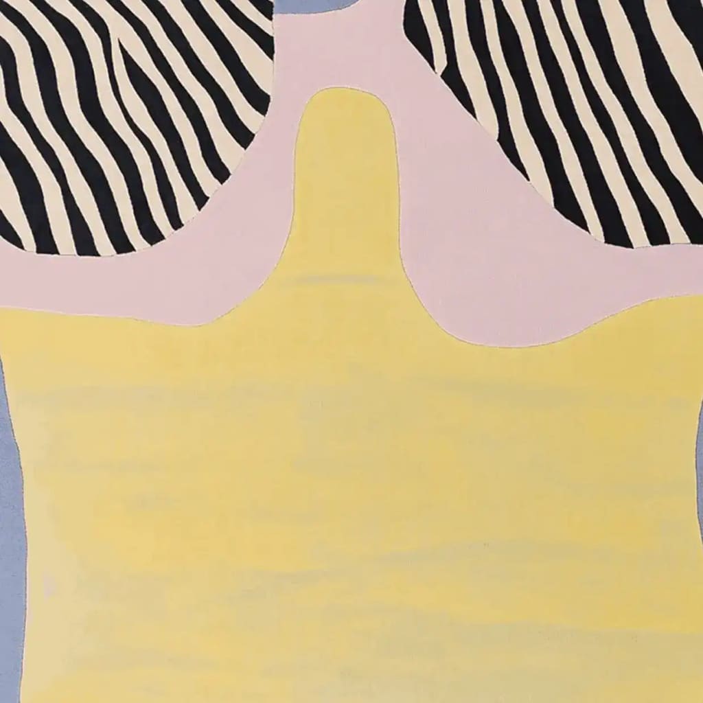 A close-up view of the Liquid Stripe Field Hand Tufted Area Rug showcasing its contemporary design. The rug features bold zebra-like black and white stripes with soft pastel yellow and pink hues, perfect for adding a modern touch to living rooms. This 8x10 wool rug combines style and comfort, making it an ideal choice for those seeking unique rugs for living room decor.