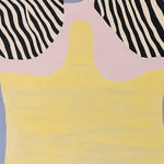 A close-up view of the Liquid Stripe Field Hand Tufted Area Rug showcasing its contemporary design. The rug features bold zebra-like black and white stripes with soft pastel yellow and pink hues, perfect for adding a modern touch to living rooms. This 8x10 wool rug combines style and comfort, making it an ideal choice for those seeking unique rugs for living room decor.