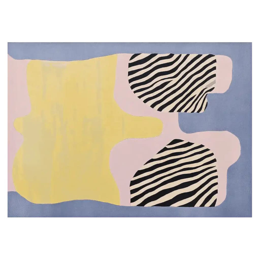 A contemporary area rug featuring an abstract design with bold stripes resembling zebra patterns and soft pastel colors, ideal for modern living rooms. This 8x10 wool rug offers a stylish accent piece for any space.