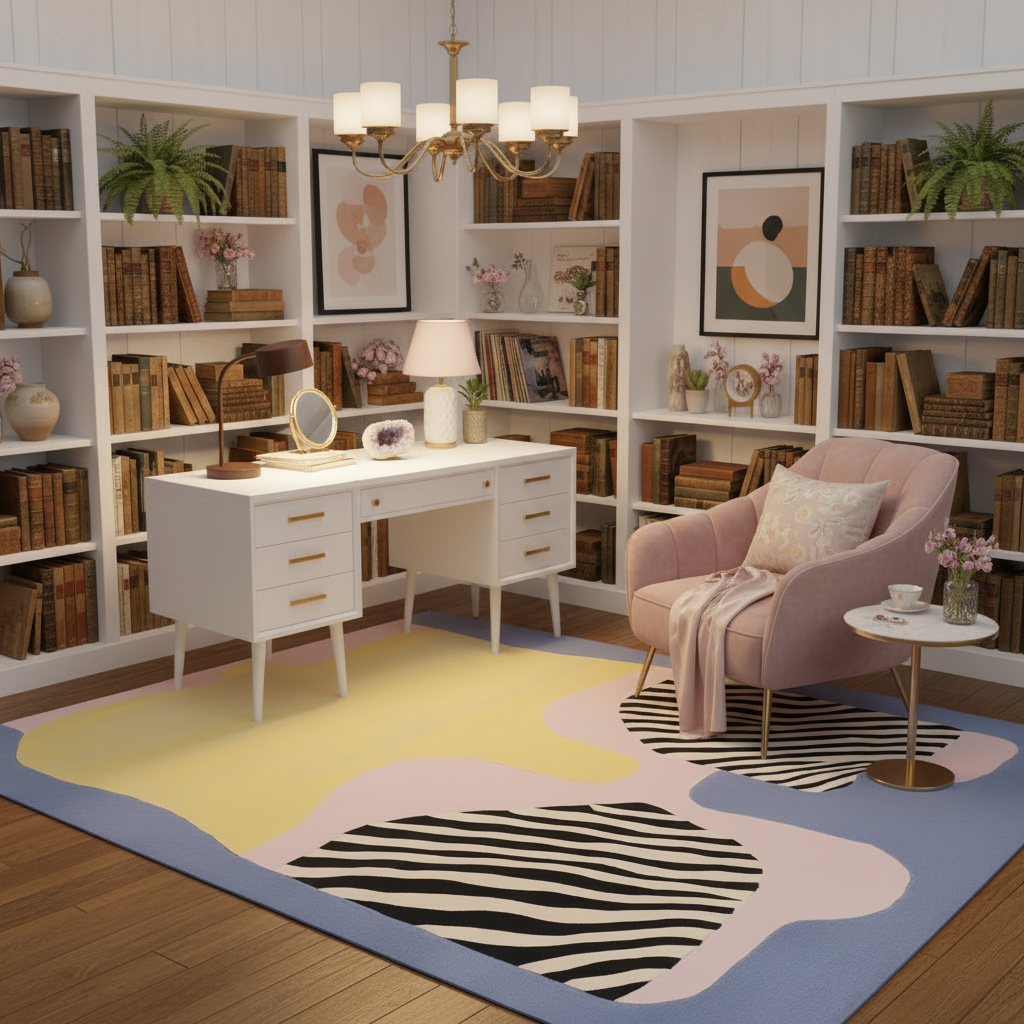 Modern home office with bookshelves, desk, and armchair on a colorful rug.