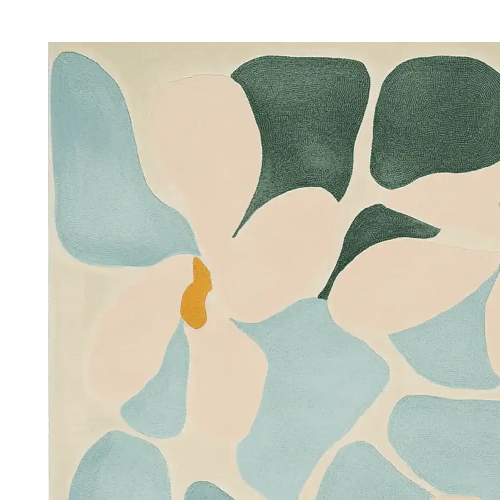 A contemporary area rug with an abstract design featuring soft pastel colors, including blue, pink, and green, perfect for a modern living room. This wool rug measures 8x10, adding a touch of elegance and comfort to your space.