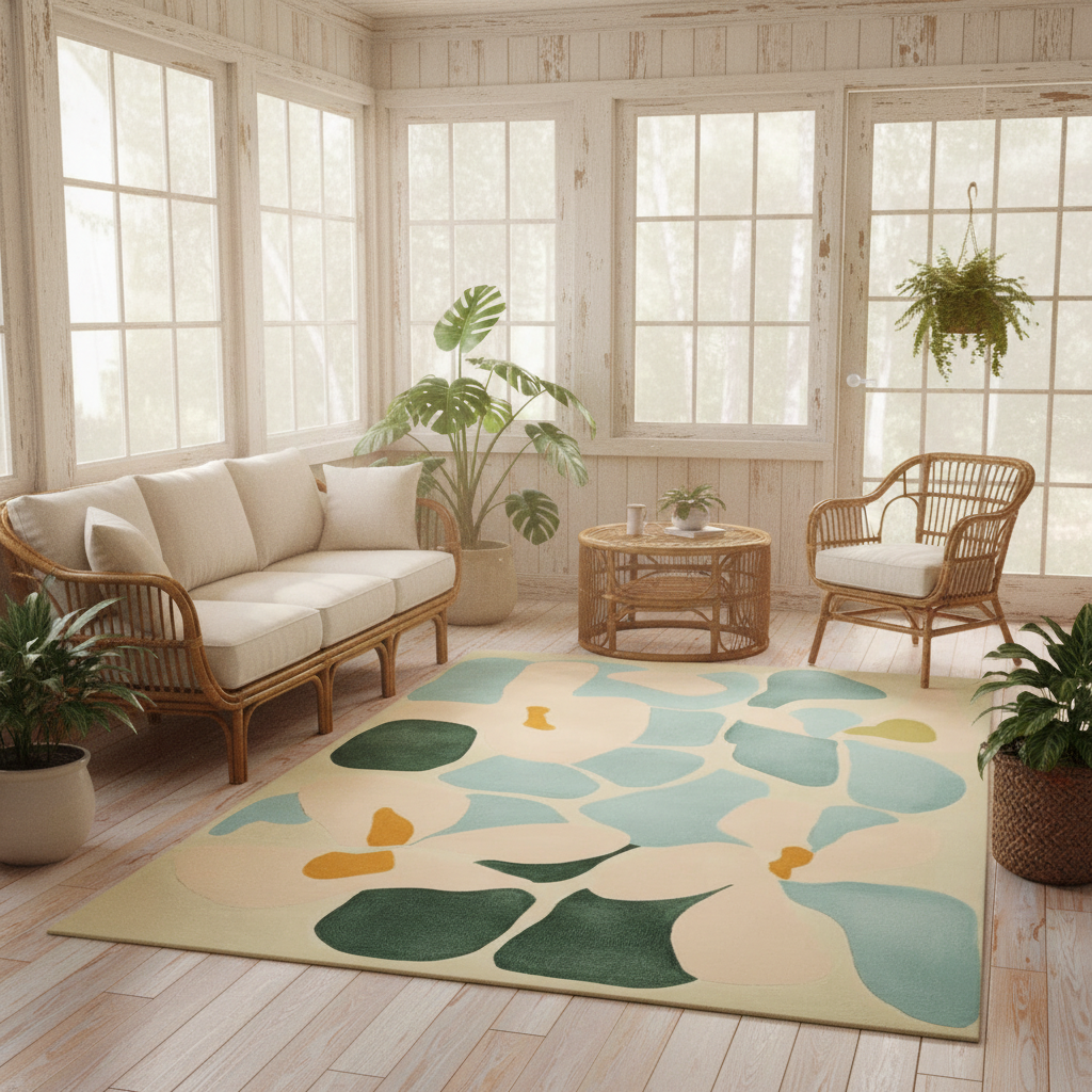 Living room with a floral rug, wooden furniture, and plants.
