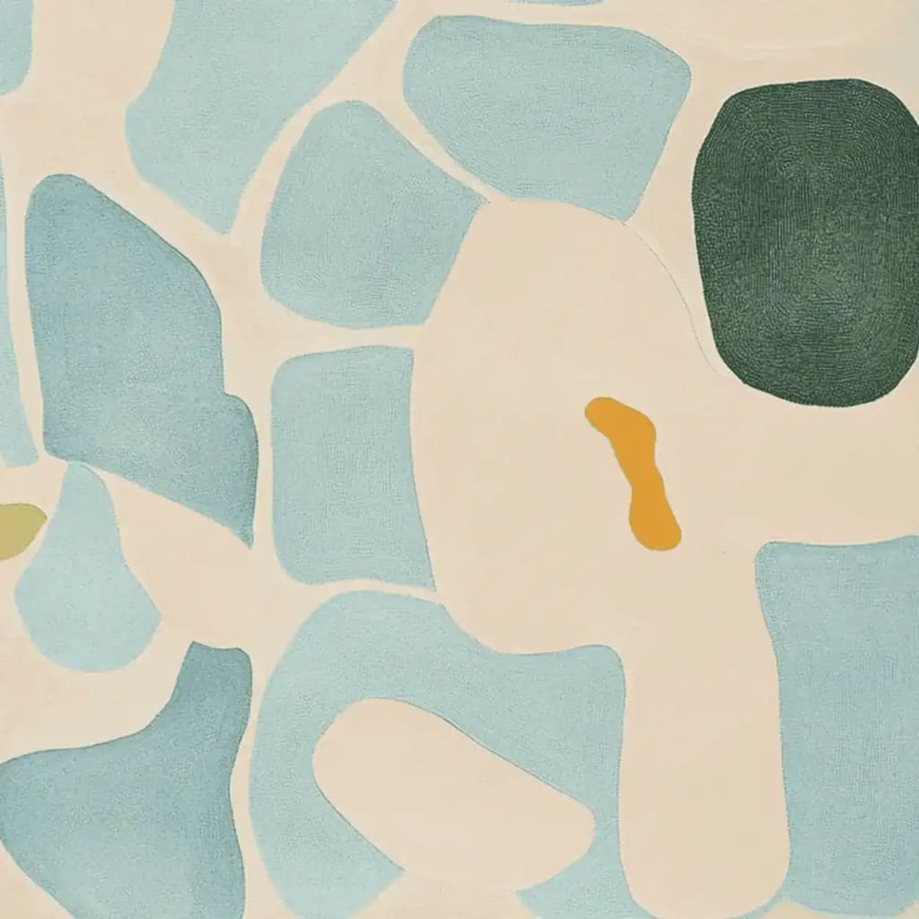 A beautifully crafted area rug featuring an abstract design with light blue, beige, and dark green shapes. This contemporary rug, made from high-quality wool, is perfect for adding a modern touch to your living space. Ideal as a living room rug with its 8x10 size.