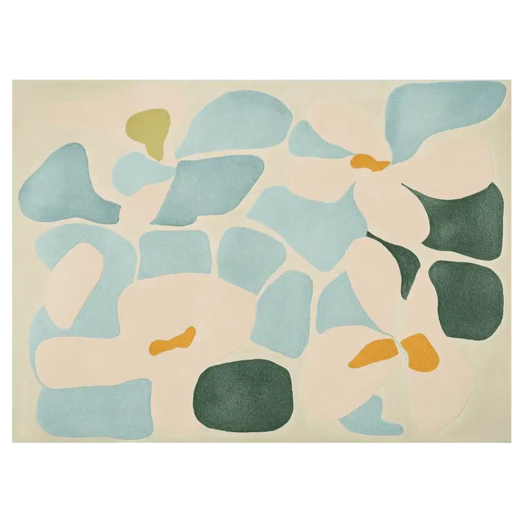 A stylish area rug featuring a contemporary abstract design with organic shapes in soft tones of blue, green, and beige. This wool rug is perfect for adding a modern touch to living room spaces, ideally sized for 8x10 layouts.