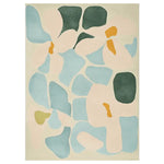 A stunning area rug featuring a contemporary abstract design with organic shapes in soft blues, greens, and creams, perfect for adding a touch of modern elegance to any living room. This hand-tufted wool rug, sized 8x10, combines artistry with comfort.