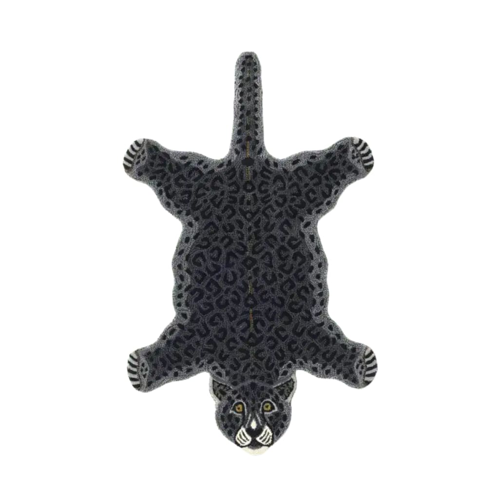 Top view of a Little Black Leopard Hand Tufted Wool Rug, ideal for living rooms. This large area rug features a unique leopard design, adding a touch of elegance to any living room decor. Perfect choice for those seeking stylish and cozy wool rugs in their living spaces.