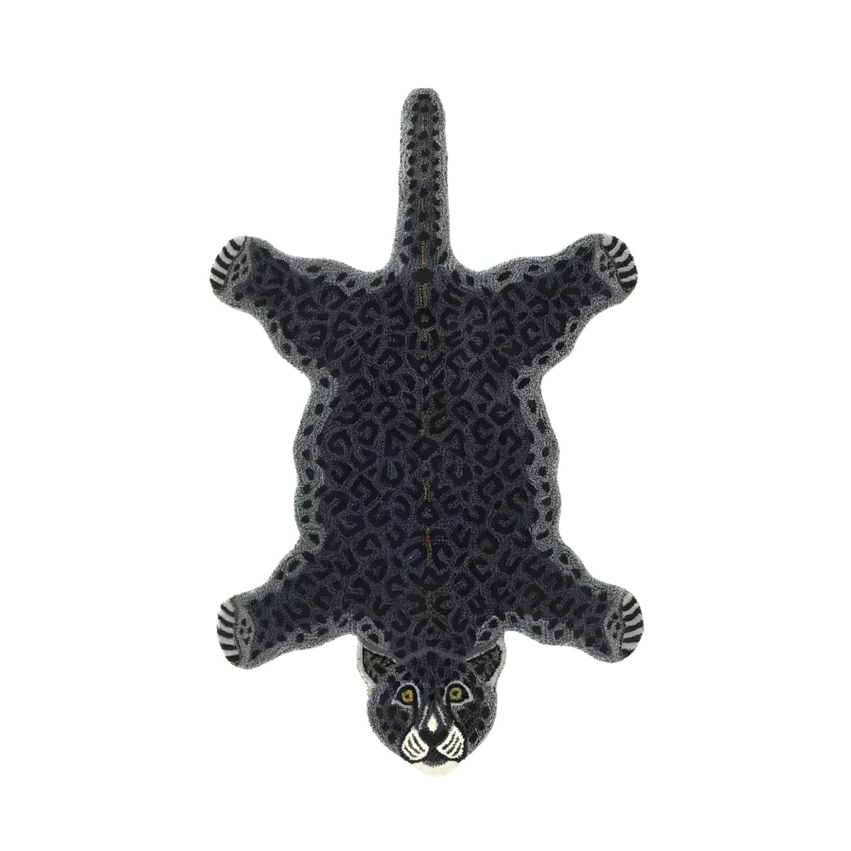 Top view of a Little Black Leopard Hand Tufted Wool Rug, ideal for living rooms. This large area rug features a unique leopard design, adding a touch of elegance to any living room decor. Perfect choice for those seeking stylish and cozy wool rugs in their living spaces.