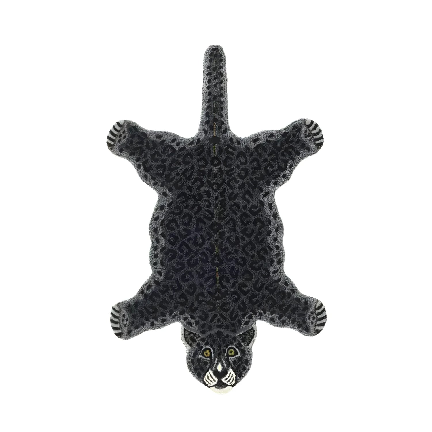 Top view of a Little Black Leopard Hand Tufted Wool Rug, ideal for living rooms. This large area rug features a unique leopard design, adding a touch of elegance to any living room decor. Perfect choice for those seeking stylish and cozy wool rugs in their living spaces.