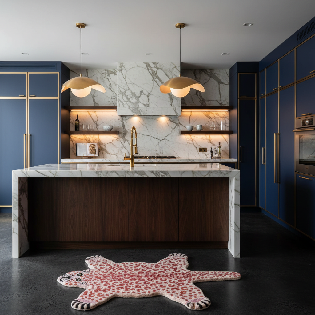 Modern kitchen with marble island, blue cabinets, and decorative rug.