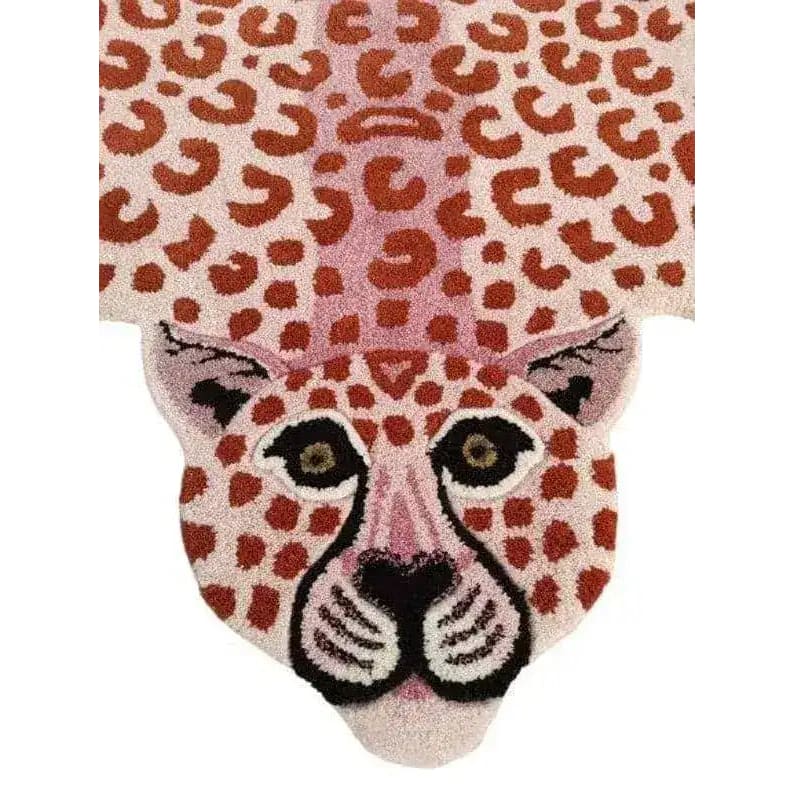 A vibrant Little Pink Leopard hand-tufted wool area rug, showcasing a playful leopard face design. Perfect for adding a bold statement to living rooms or bedrooms, this 8x10 rug combines artistic flair with cozy wool texture.