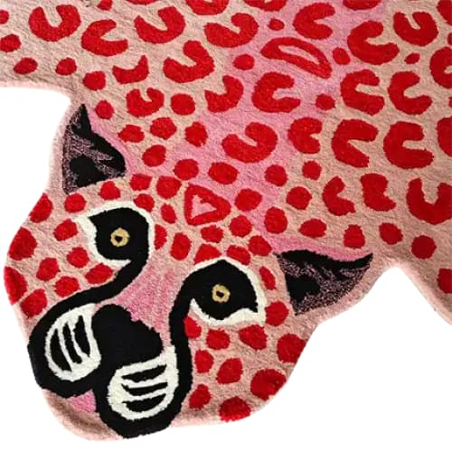 Vibrant and playful Little Pink Leopard wool rug featuring a bold and abstract leopard design, perfect for adding a pop of color to any living room or bedroom. Ideal as a centerpiece for living room rugs 8x10 or as a unique accent piece for your bedroom decor.
