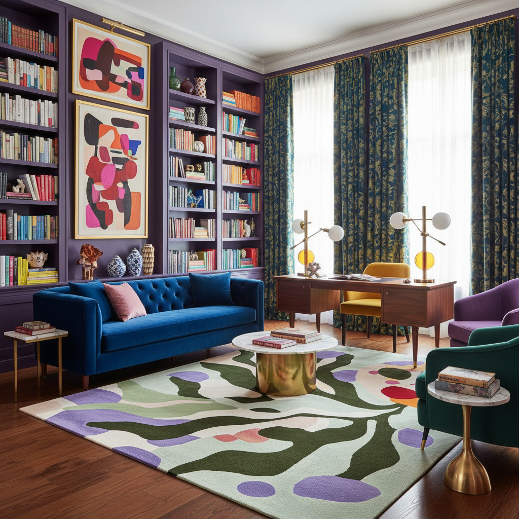 Modern living room with a blue sofa, colorful rug, and bookshelves.