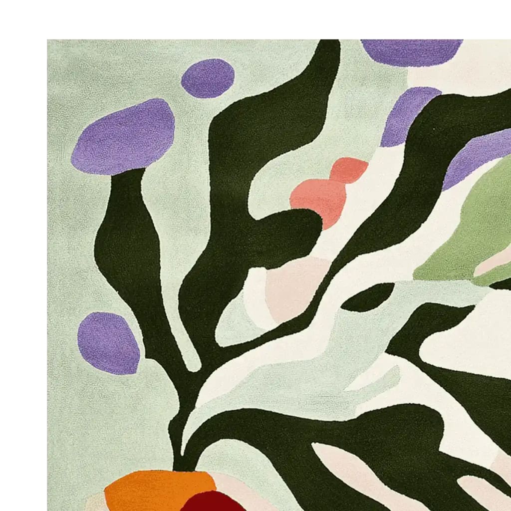 Vibrant and contemporary area rug featuring bold abstract patterns in shades of green, purple, and orange. This wool rug is perfect for adding a splash of color to any living room space. Ideal for those seeking 8x10 living room rugs with a modern flair.