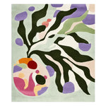 Contemporary area rug featuring an abstract design with bold colors including green, purple, and red. This wool rug is perfect for adding a modern touch to your living room. Ideal for a space needing an 8x10 rug.