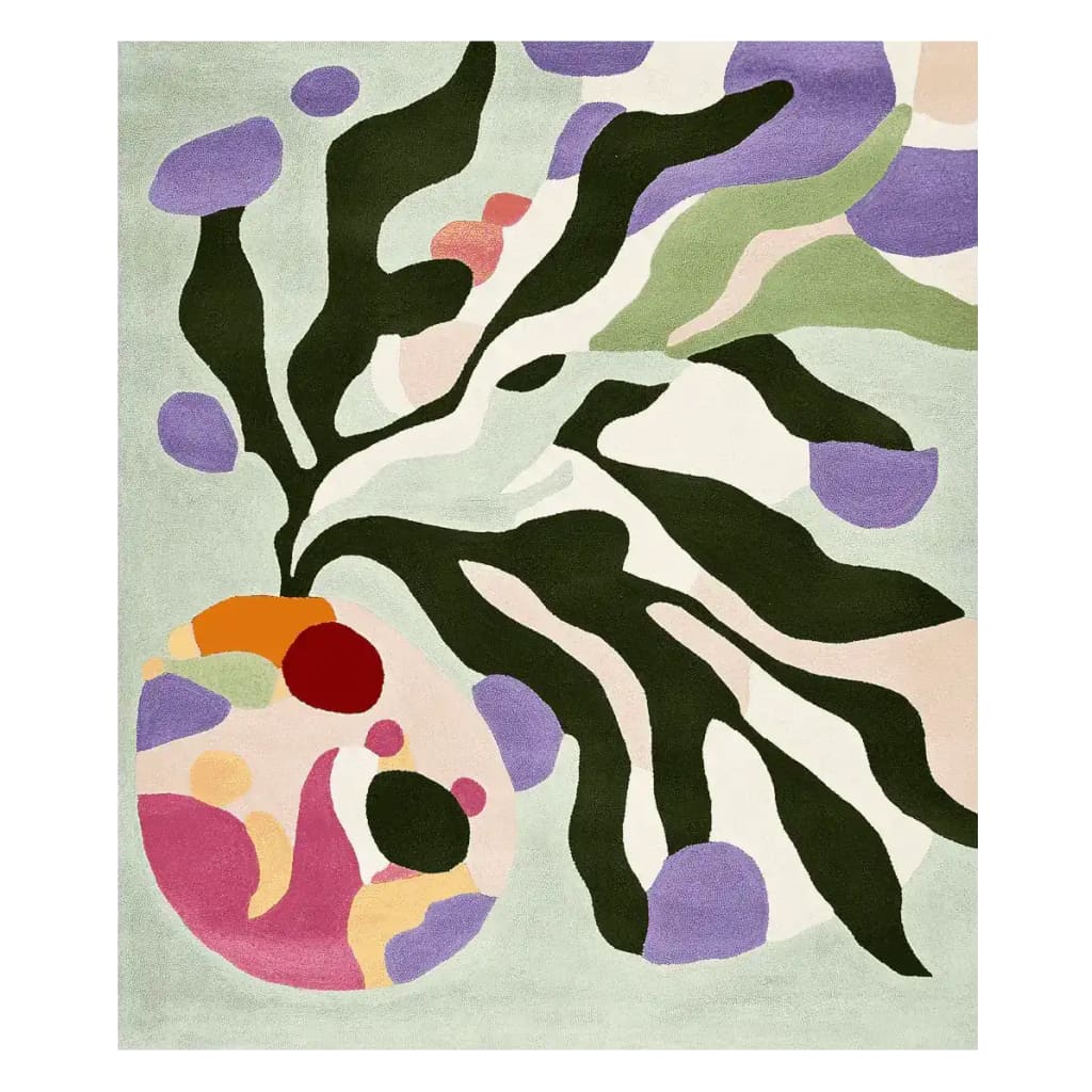Contemporary area rug featuring an abstract design with bold colors including green, purple, and red. This wool rug is perfect for adding a modern touch to your living room. Ideal for a space needing an 8x10 rug.