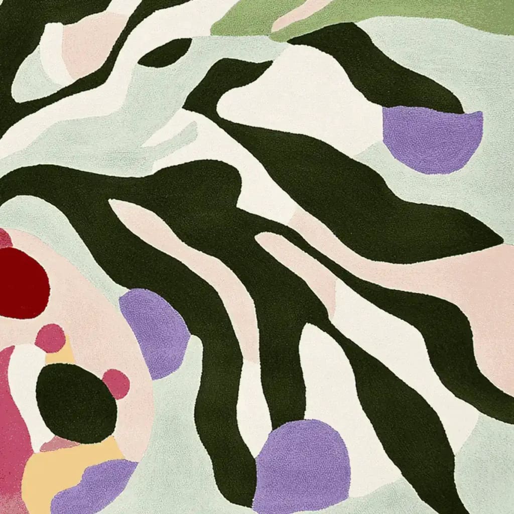 Top view of a contemporary area rug featuring an abstract design with bold colors including green, purple, red, and pastel shades. This wool rug is perfect for adding a touch of modern elegance to any living room. Ideal as an 8x10 rug for living spaces.