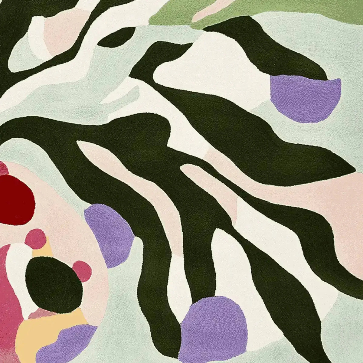 Top view of a contemporary area rug featuring an abstract design with bold colors including green, purple, red, and pastel shades. This wool rug is perfect for adding a touch of modern elegance to any living room. Ideal as an 8x10 rug for living spaces.