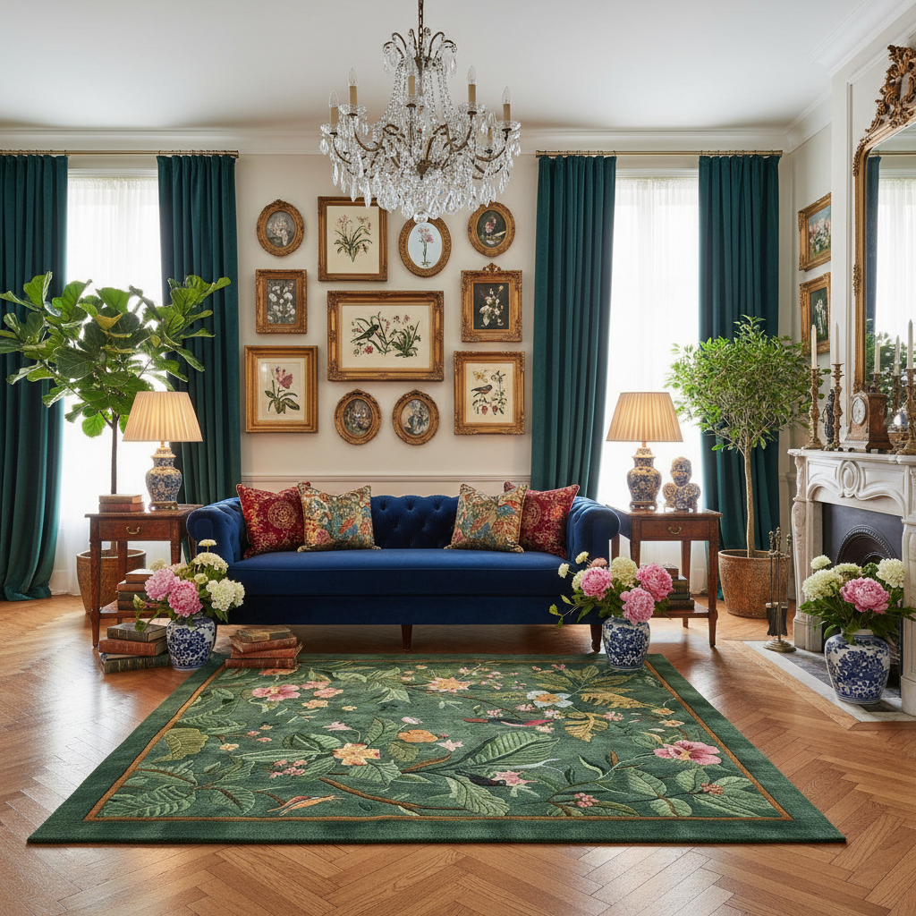 Living room with a blue sofa, floral rug, and decorative wall art.