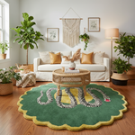 Living room with round green scalloped snake rug on wood floor beneath a rattan coffee table
