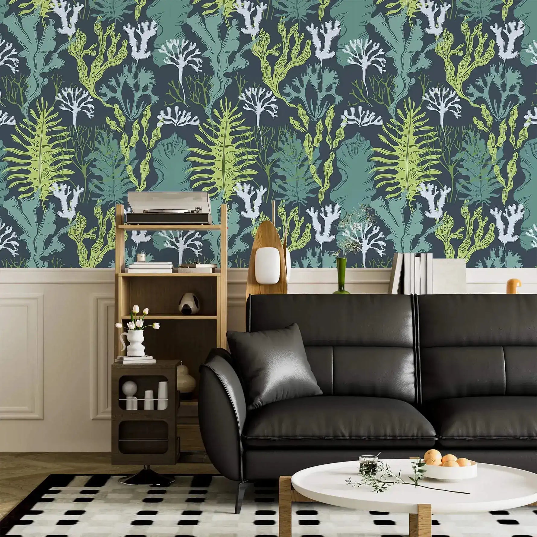 Living room with Underwater Flora Wallpaper, black leather sofa and wood shelf