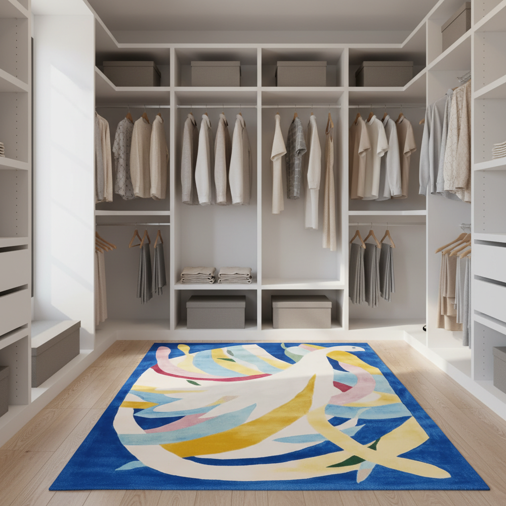 Modern walk-in closet with colorful rug on wooden floor