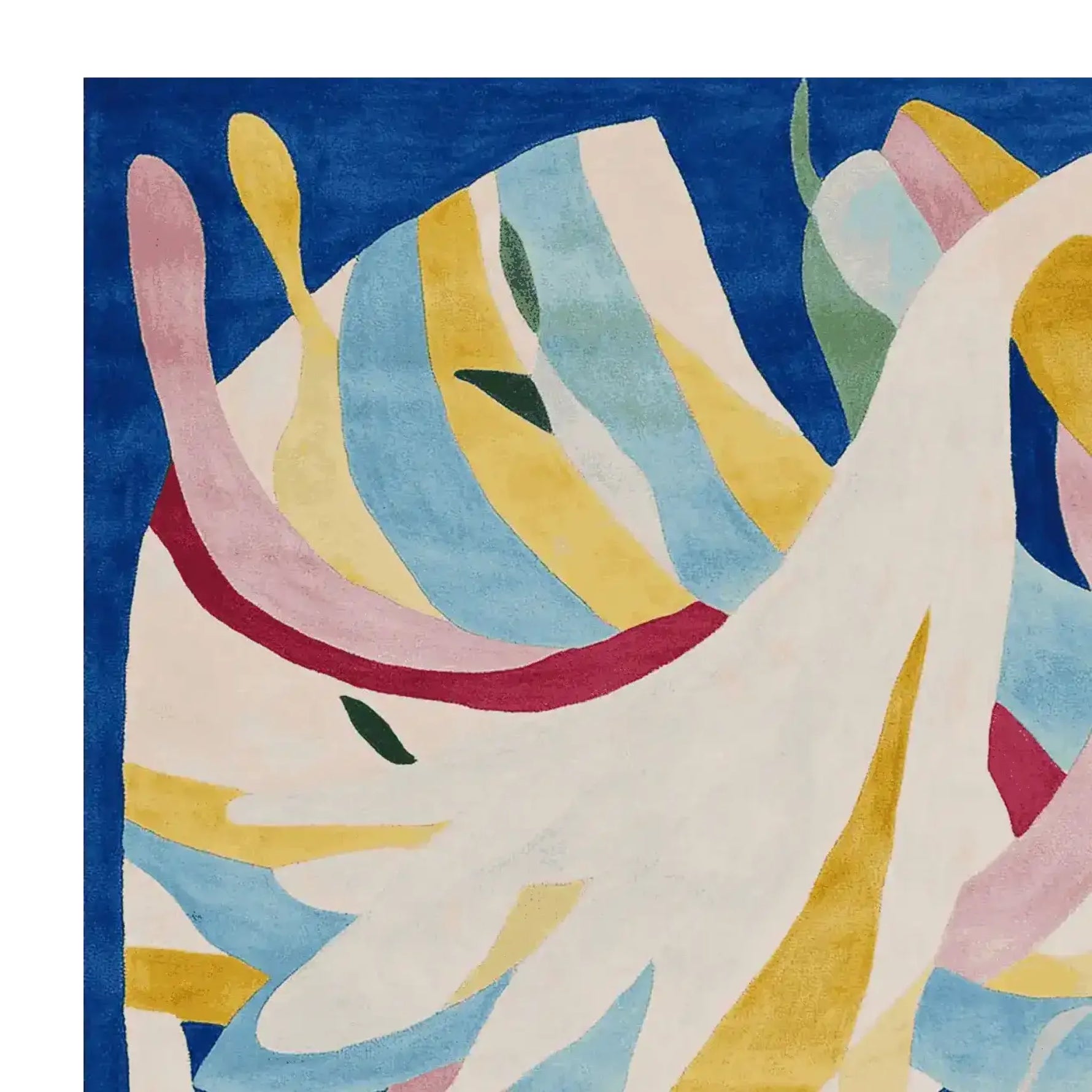 Vibrant area rug with abstract design, showcasing a blend of blue, yellow, and pink hues. This contemporary wool rug is perfect for adding a splash of color to any living room. Ideal for those seeking large living room rugs with a modern touch.