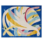 Top view of the Loam of Thought Hand Tufted Rug, featuring a vibrant abstract design with swirling colors such as blue, yellow, and pink. This contemporary wool area rug is perfect for adding a splash of color to large living rooms.