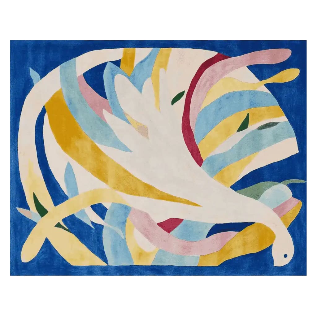 Top view of the Loam of Thought Hand Tufted Rug, featuring a vibrant abstract design with swirling colors such as blue, yellow, and pink. This contemporary wool area rug is perfect for adding a splash of color to large living rooms.