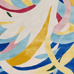 Colorful abstract design of the Loam of Thought Hand Tufted Rug, showcasing a vibrant mix of blue, yellow, and pink swirls. Perfect contemporary area rug for adding a splash of color to your living room decor. Made from wool, this large living room rug combines style and comfort.