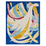 A vibrant area rug featuring an abstract design with flowing, colorful shapes on a deep blue background. This contemporary wool rug is perfect for adding a modern touch to living room spaces, ideal as a large living room rug.