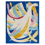 Modern walk-in closet with colorful rug on wooden floor