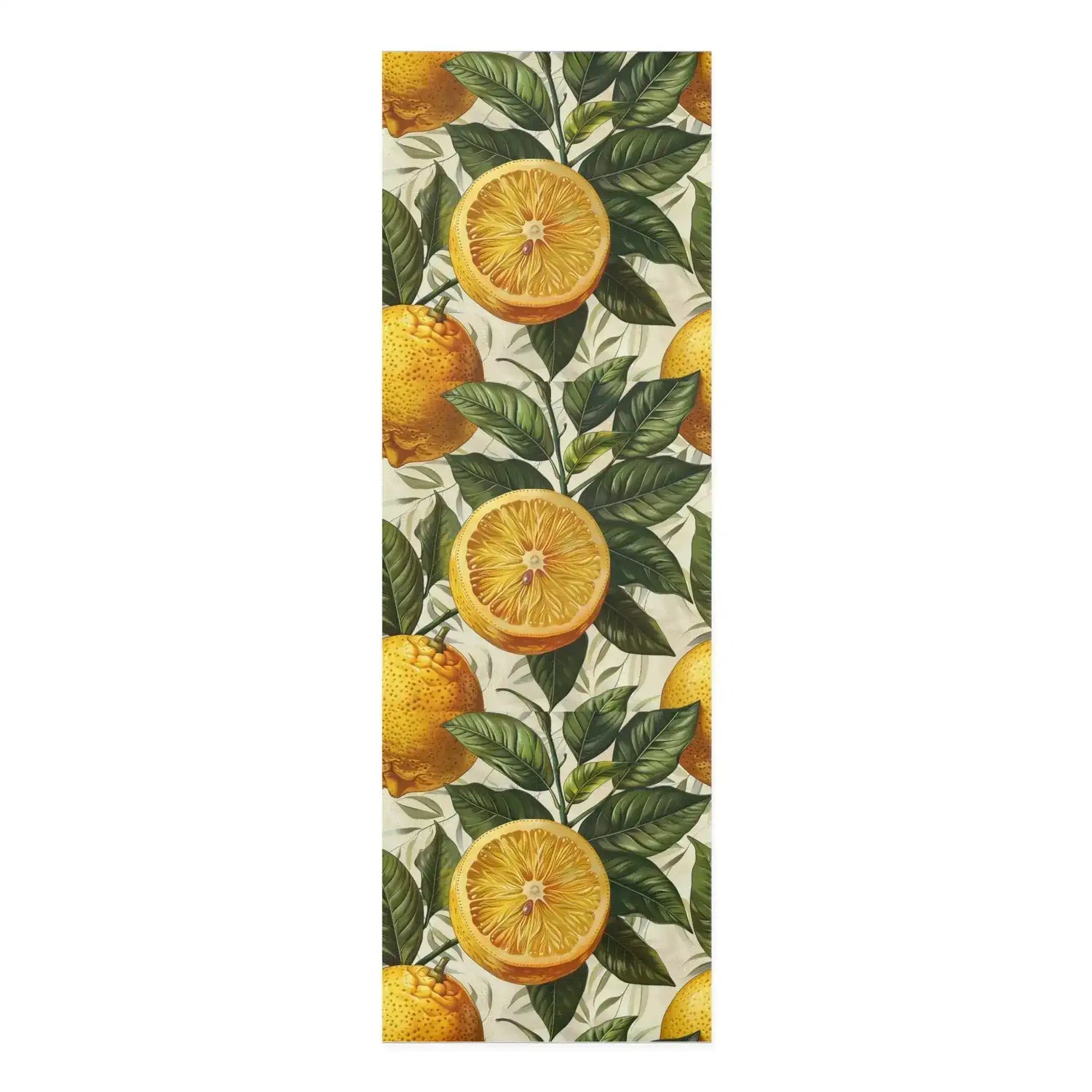 Long 24x72 yoga mat printed with sliced lemons and green leaves on a cream background