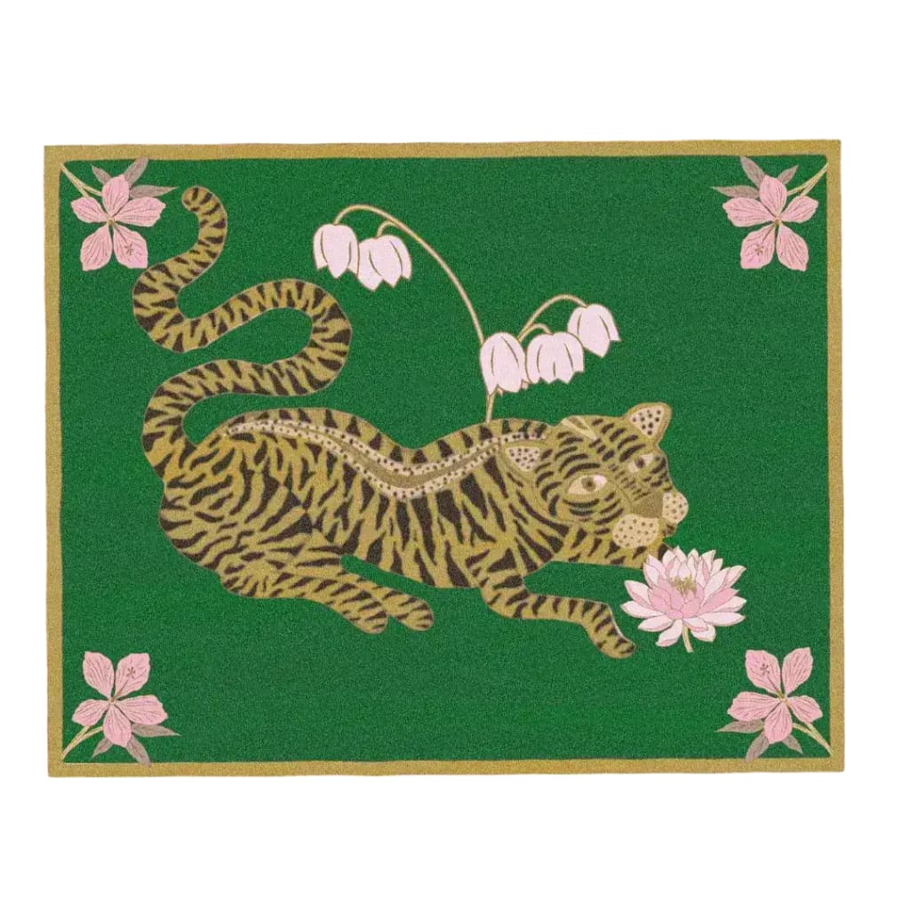 A vibrant hand-tufted wool rug featuring an abstract Indian tiger design in the center, surrounded by lotus flowers on a rich green background. Perfect for adding a boho touch to dining room carpets or as a large area rug in the living room, this piece combines artistry with functionality.