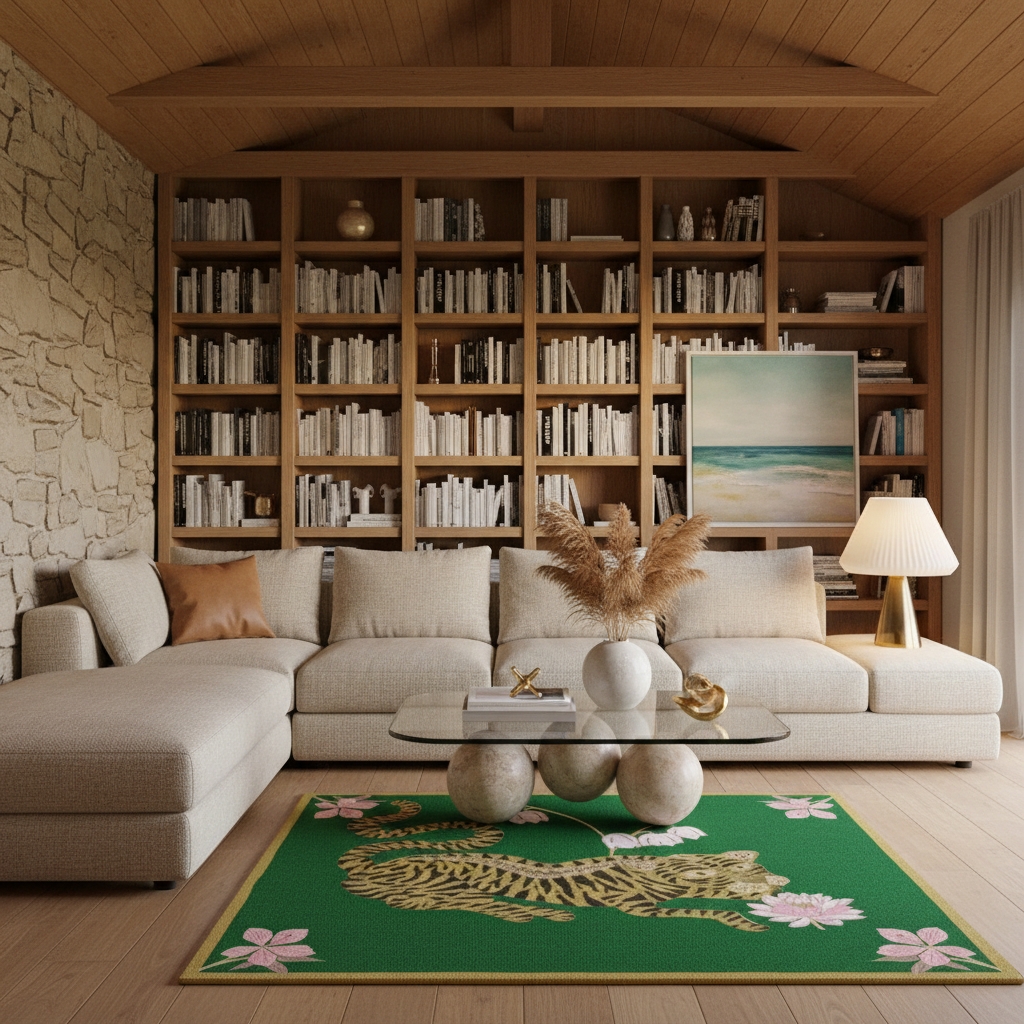 Lotus and Indian Tiger Hand Tufted Wool Rug - Green