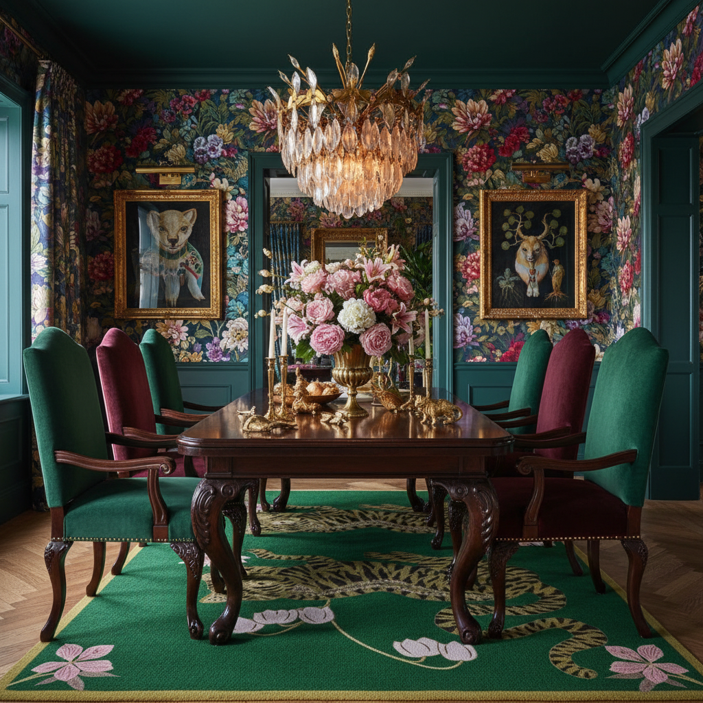 Lotus and Indian Tiger Hand Tufted Wool Rug - Green