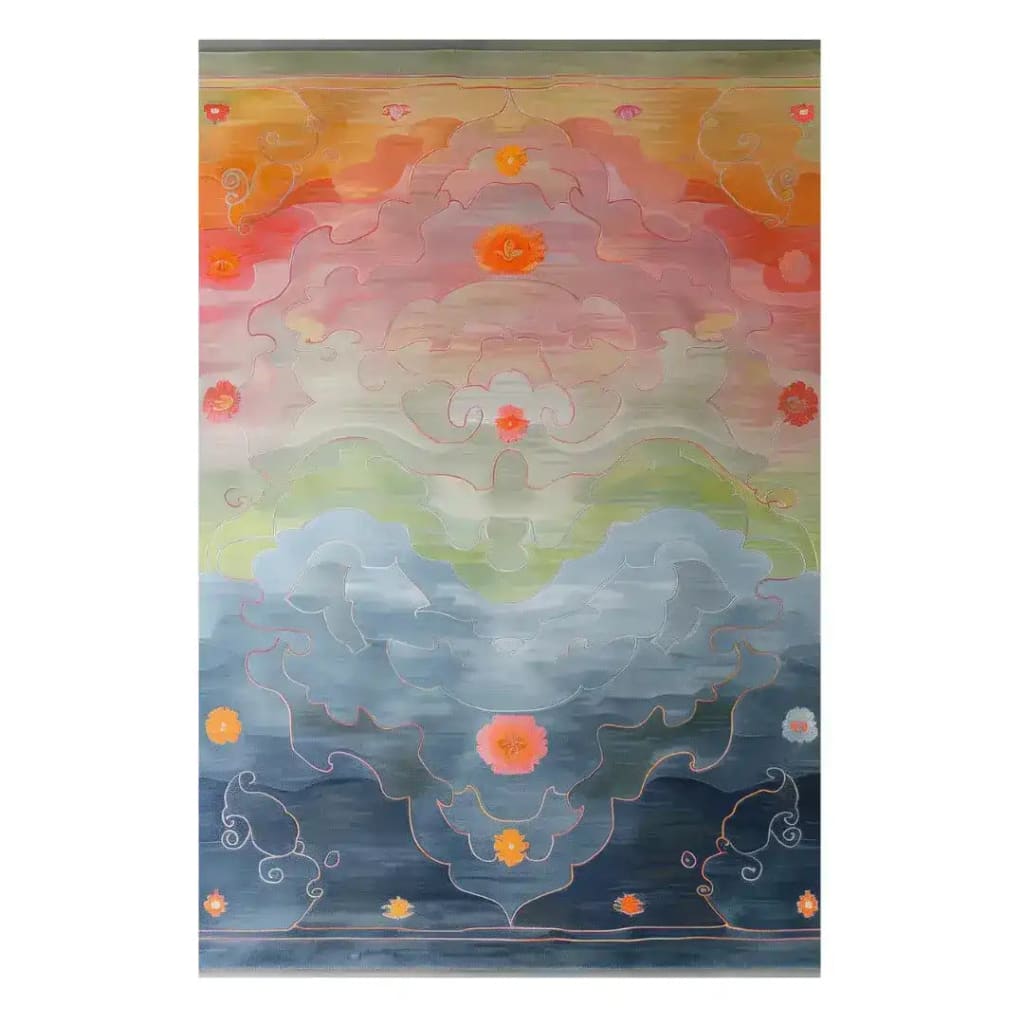 A vibrant Lotus Horizon Hand Tufted Rug showcasing an abstract design with a blend of warm and cool tones. This area rug features intricate patterns in shades of orange, pink, blue, and green, perfect for adding a contemporary touch to any living space. Made from high-quality wool, it's an ideal wool rug for enhancing the aesthetic of living room area rugs.