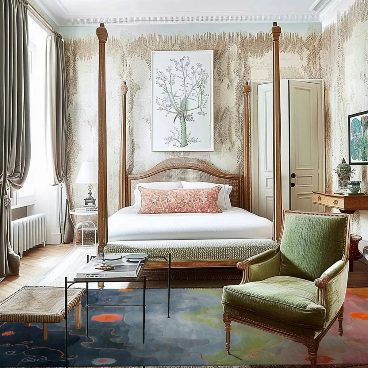 Elegant bedroom featuring a Lotus Horizon Hand Tufted area rug with abstract patterns, complementing the contemporary decor. This wool rug is perfect for adding a touch of sophistication to living room area rugs with its unique design.